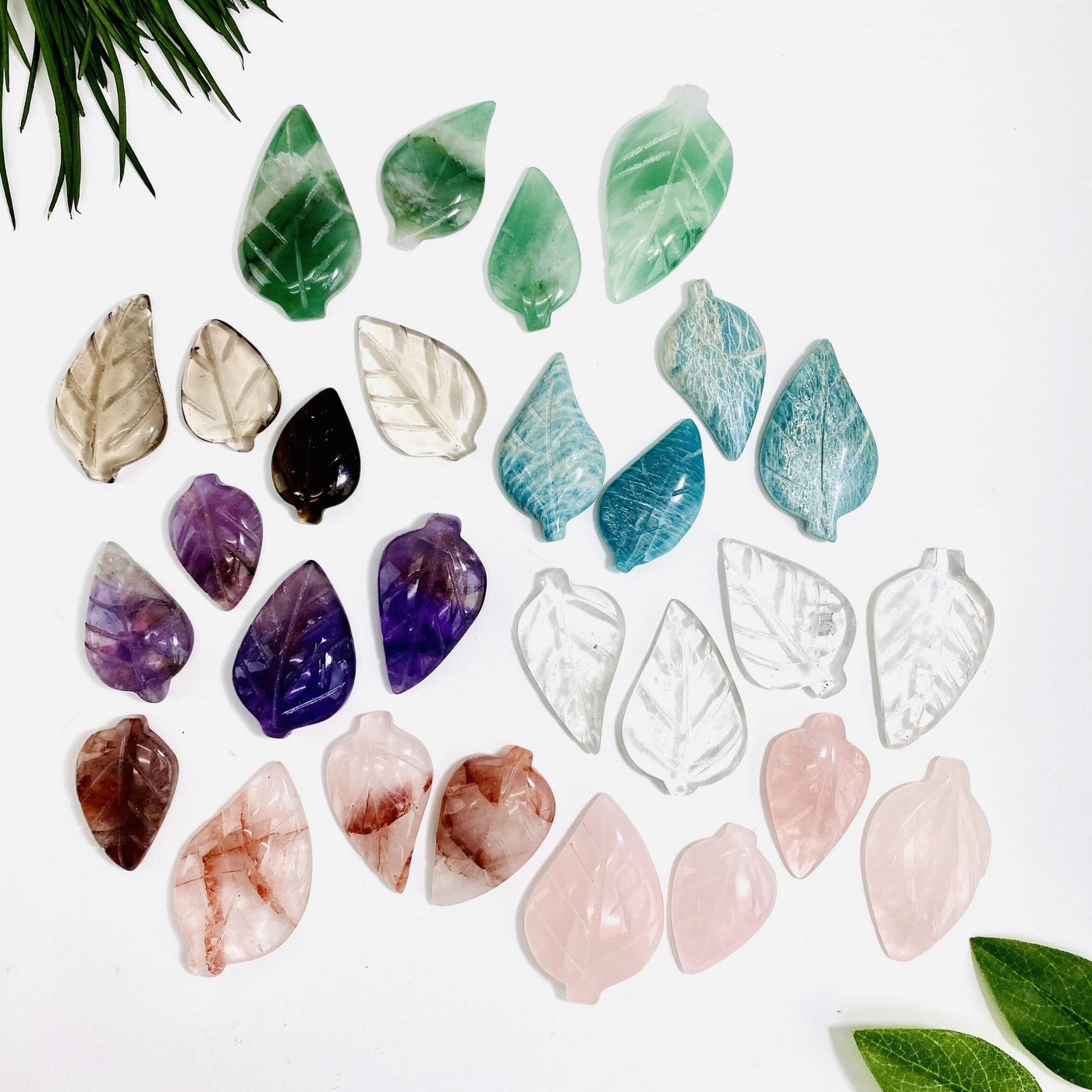 A bunch of Gemstone Leaves in all the stones available, showing variation in markings and shades