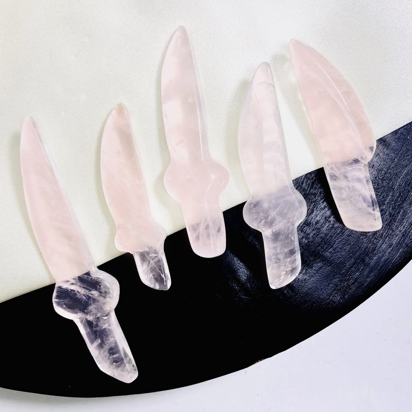 6 Rose Quartz Crystal Gemstone Knife Cabochons showing color variations