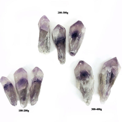 3 sizes of amethyst points on a table