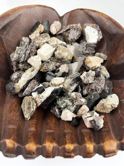 Black Tourmaline on Matrix Rough Stones - 1 LB Bag in a wood bowl