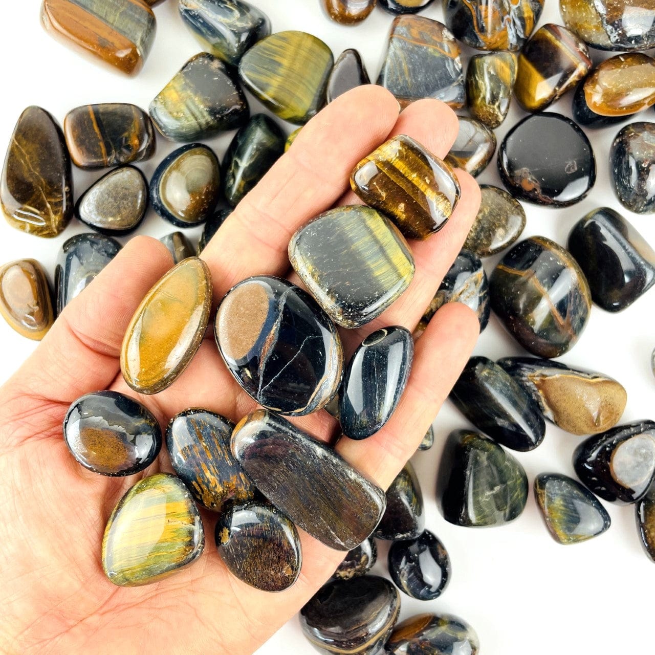 Blue Tigers Eye Polished Stones in a hand for size reference with other stones in background
