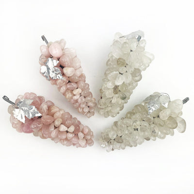 4 Large Polished Stone Grape Bunches with Silver Leaf, 2 are rose quartz and 2 are crystal quartz