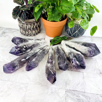 assorted elestial amethyst points on a marble background