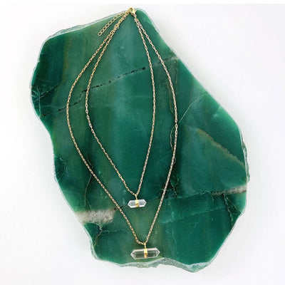 Crystal Point Necklace in gold on green stone