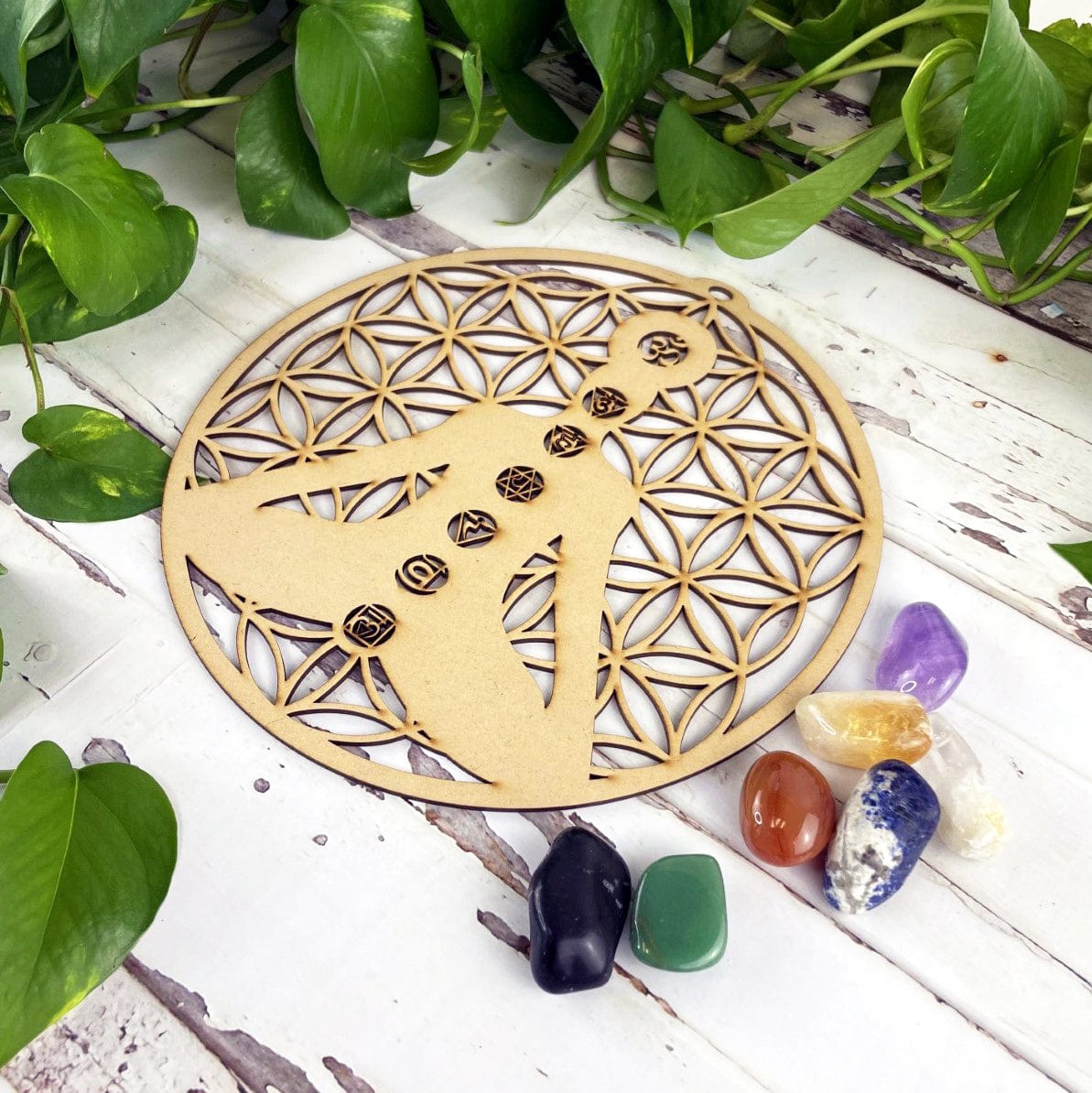 Wood Crystal Grid - Flower of Life with Buddah and 7 Chakra (RK15-31)