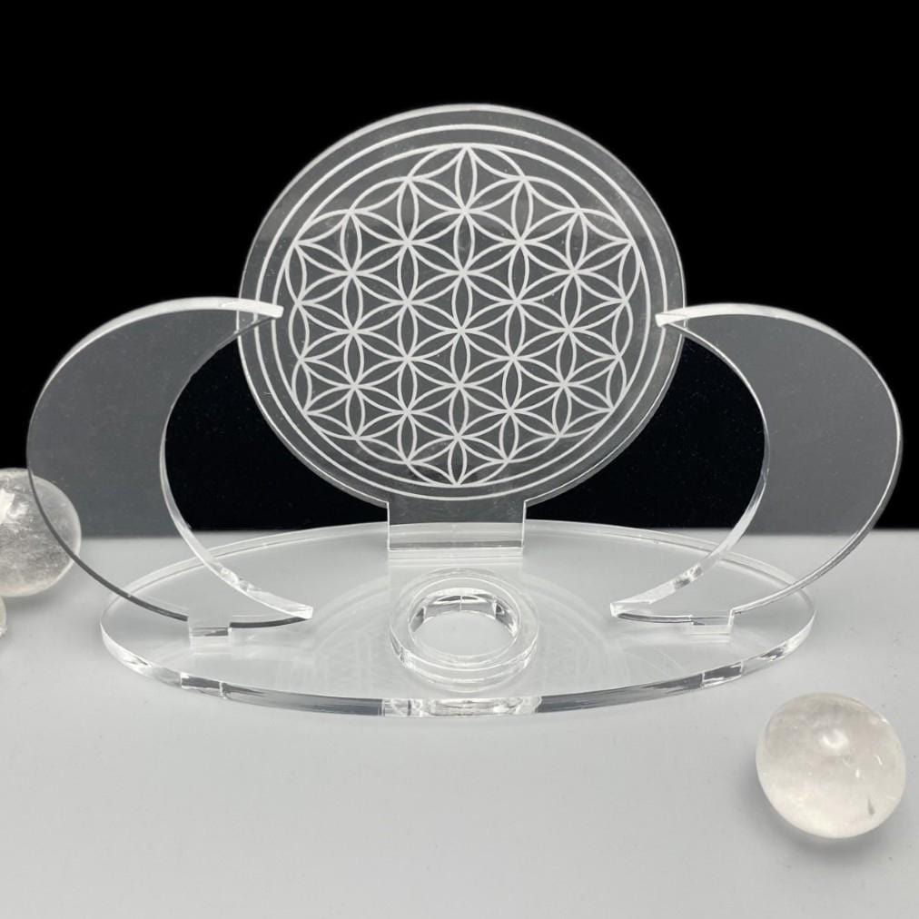 Close up of Acrylic Sphere Holder Crescent Moons - Flower of Life. No sphere within the holder.