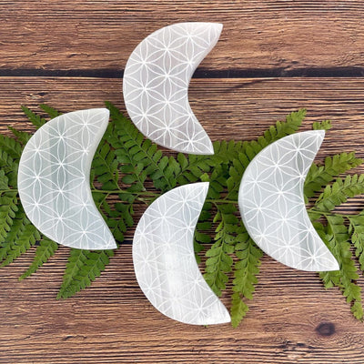 4 selenite moons with flower of life grids on a fern leaf and wood background