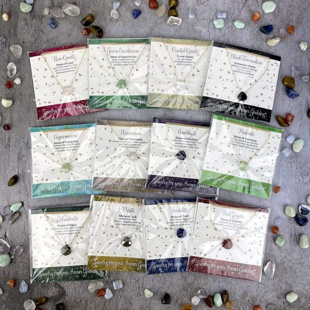 Gemstone Drop Bead Finished Necklaces shown here, carded and in protective sleeve