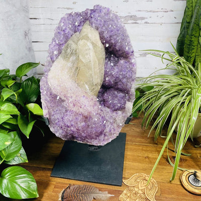 Amethyst Cluster with Calcite and Druzy on Metal Stand