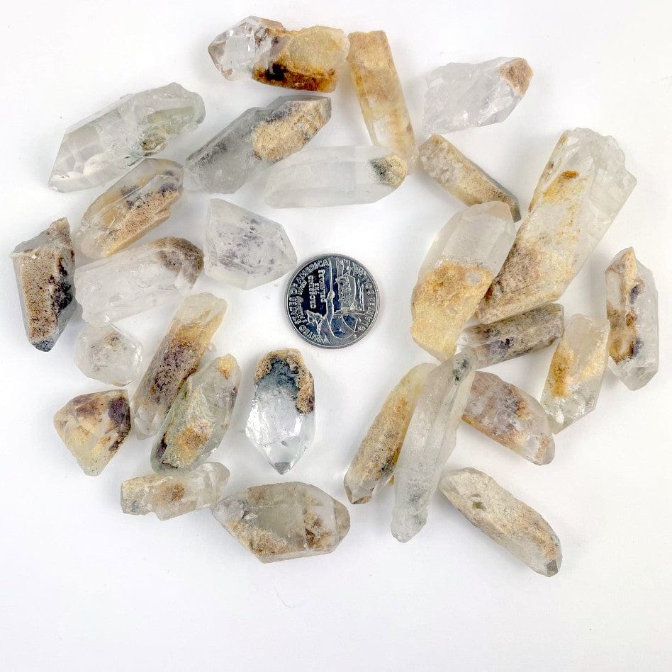 various Rough Crystal Quartz Points with Chloride around a quarter for size