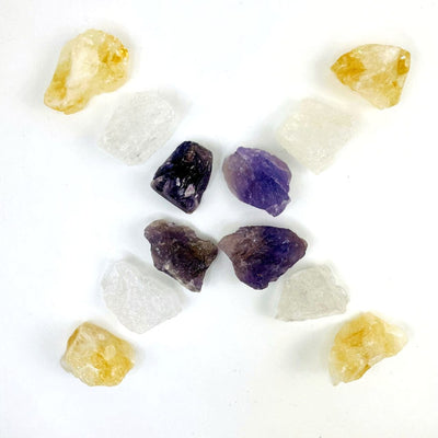 Amethyst, Quartz, and Citrine rough pieces showing size and shape ofstock