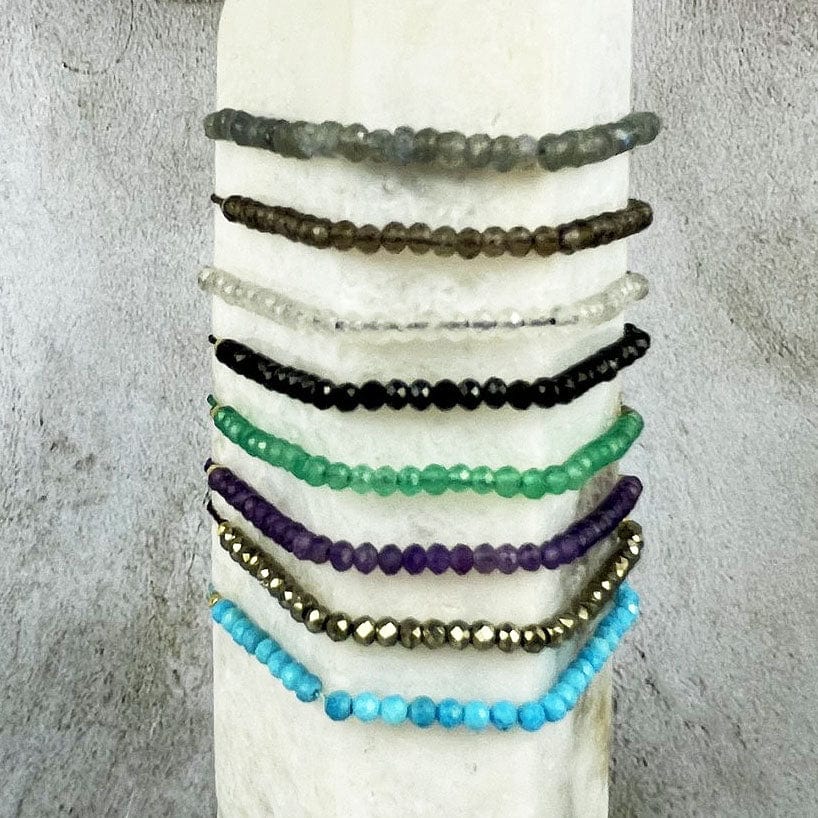 Gemstone Bracelet - Adjustable Cord with Gold Plated over Sterling Silver Beads one of each stone available, pyrite, moonstone, green onyx, labradorite, amethyst, black spinel, smoky quartz, and chinese turquoise up close of beads