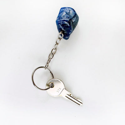 Blue Quartz Polished Freeform Silver Toned Key Chain - Tumbled Blue Stone with a key on the ring