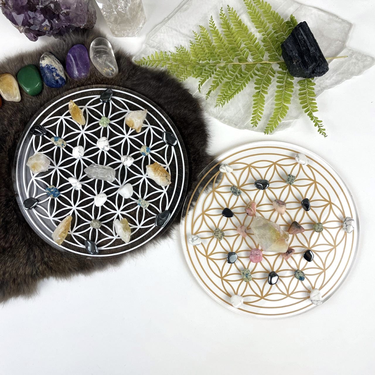Crystal Grid Flower of Life Acrylic Grid - 2 sided - showing 1 White and 1 Gold with crystals on it