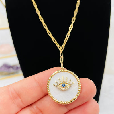Gold Evil Eye Necklace with Pave Diamonds and Sapphire