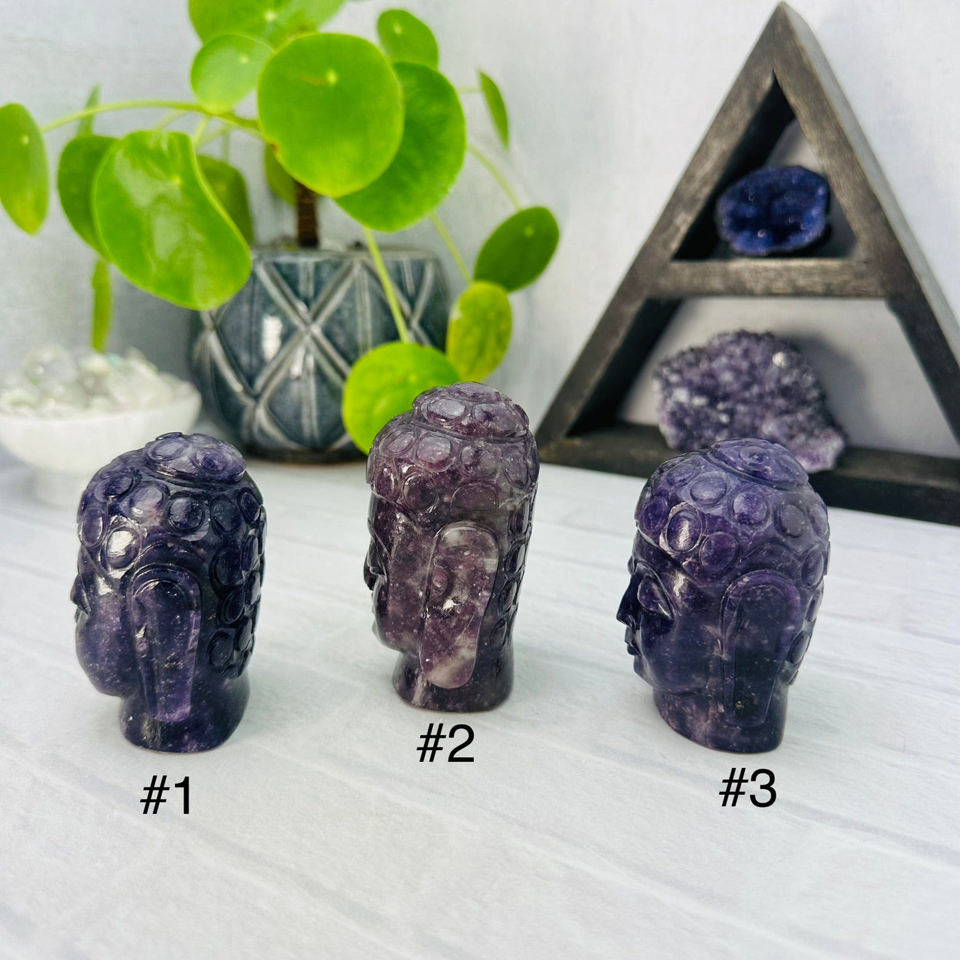 Lepidolite Buddha Head - You Choose - side view of all three buddha heads