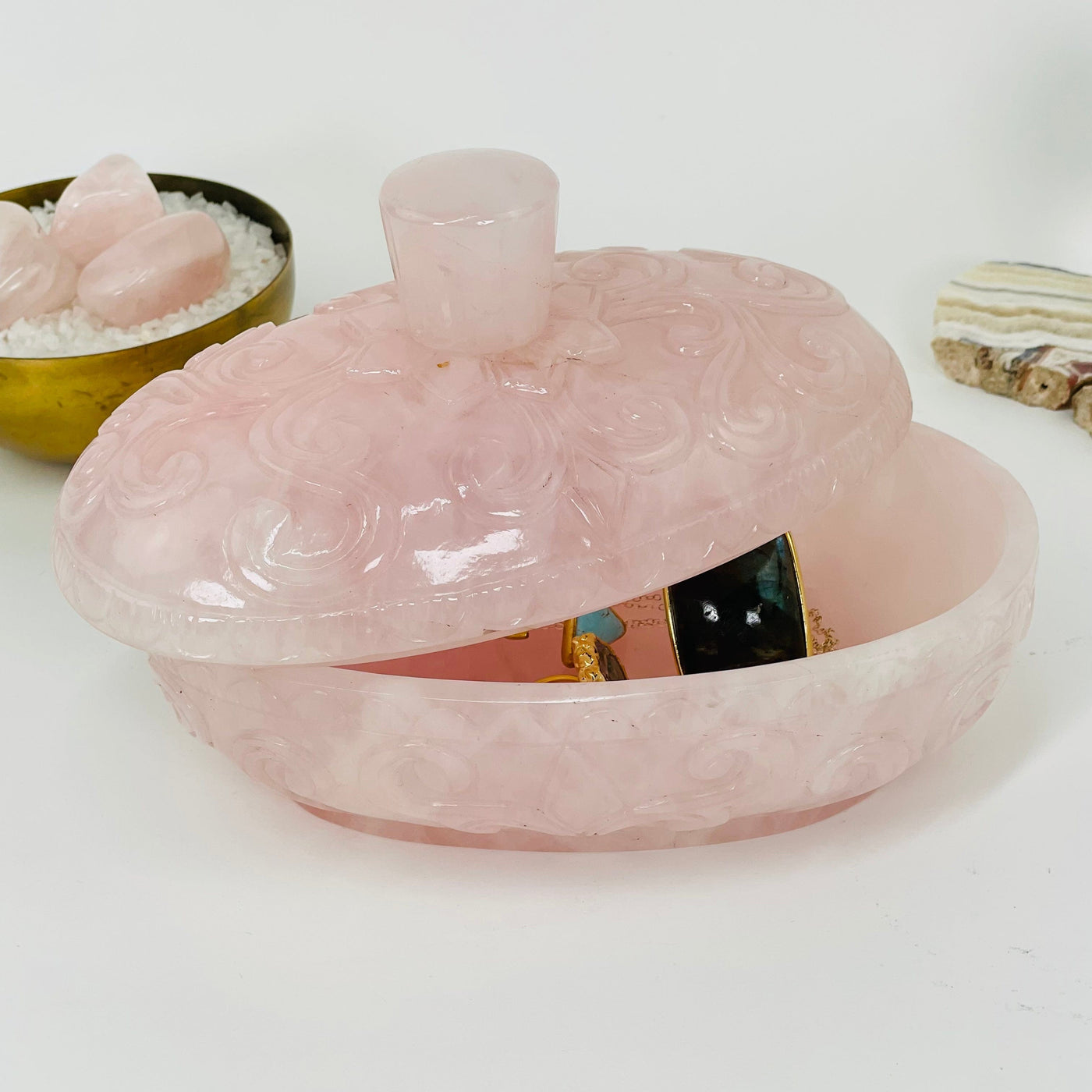 rose quartz bowl displayed as home decor 
