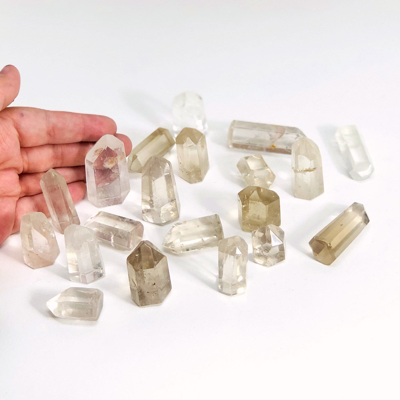 Crystal Quartz Polished Points laid out  with a hand for size reference
