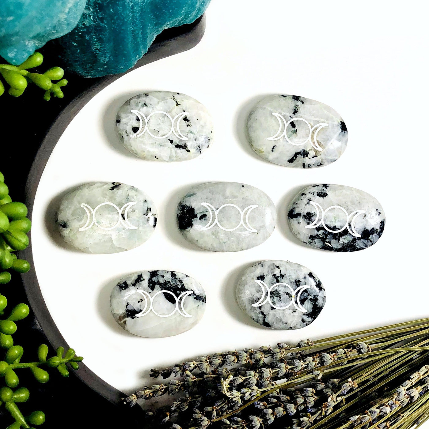 Multiple Moonstone Palm Stones Pocket Stones with Moon Phase  in white background