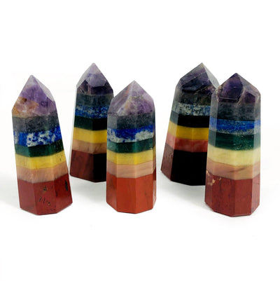 five seven chakra towers on display for possible variations