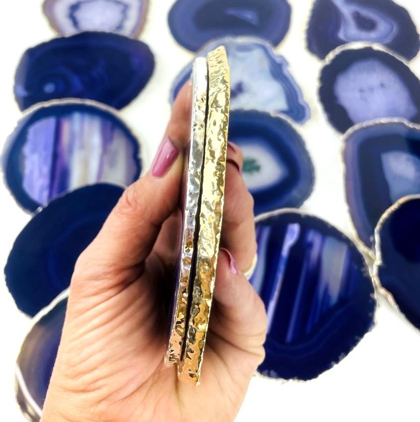 Purple Agate Coasters Set - 24k Gold or Silver Electroplated Edges--close up view from side of coaster for the silver and gold plated demonstration.