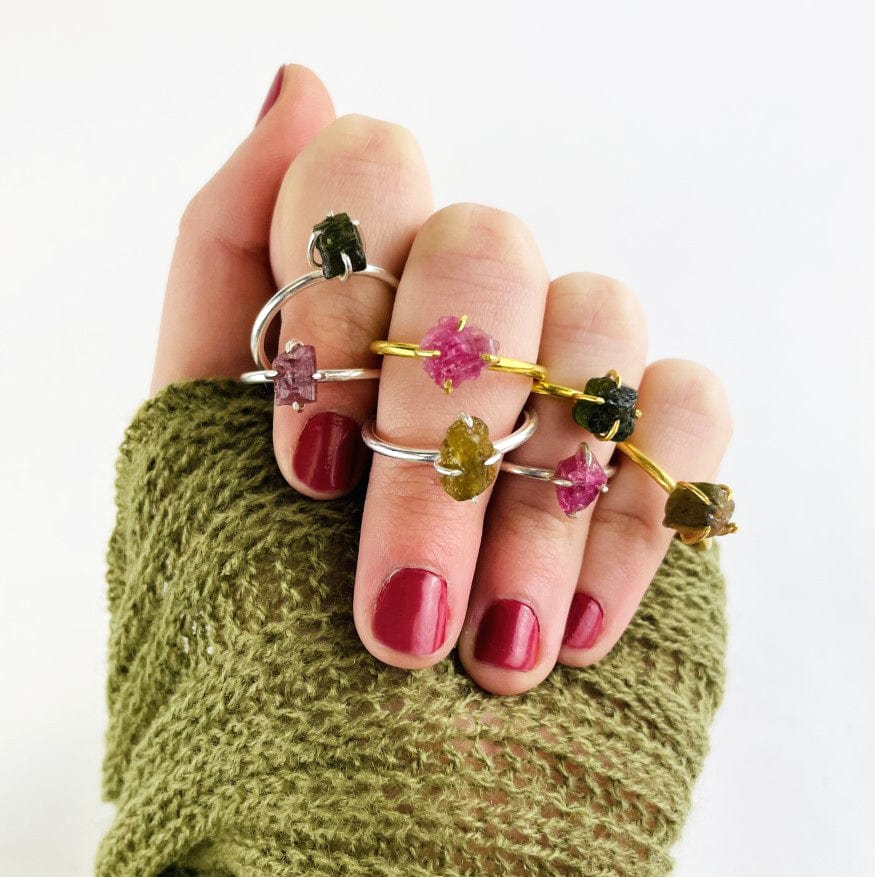 Watermelon Tourmaline Gemstone Rings in Gold and Silver