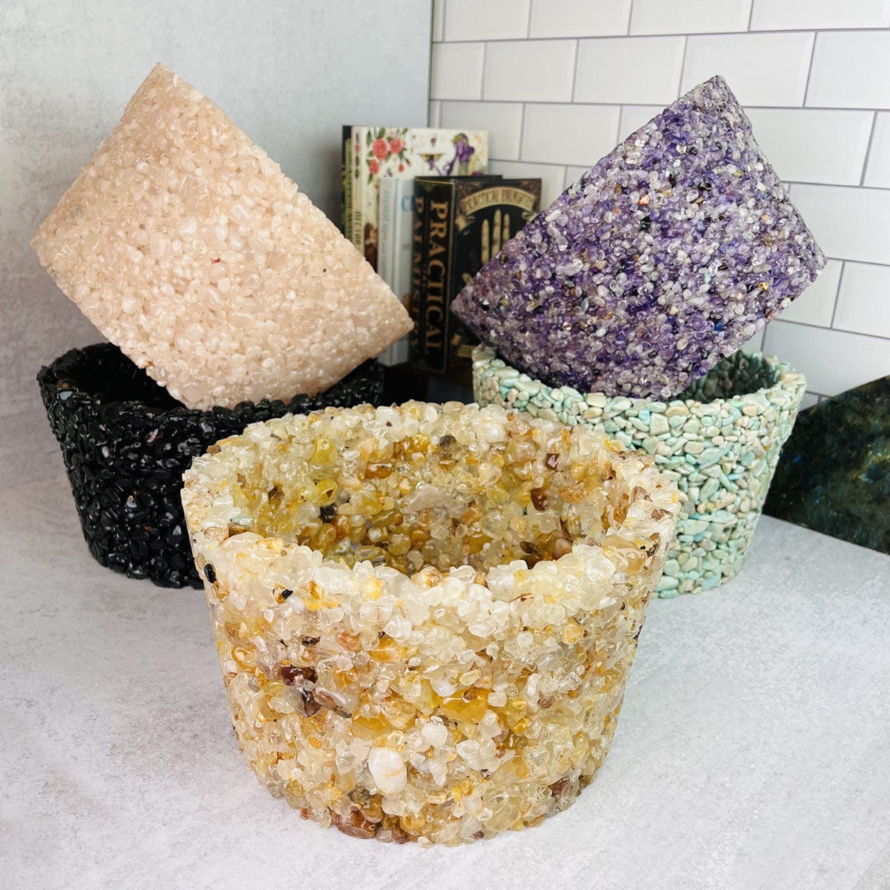 all the Tumbled Stone Pots available - Rose quartz, tourmaline, amethyst, amazonite, and golden healer