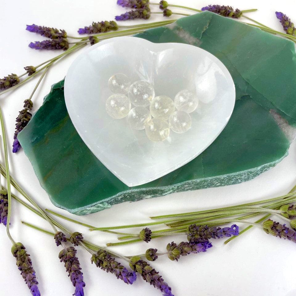 selenite heart bowl on display
