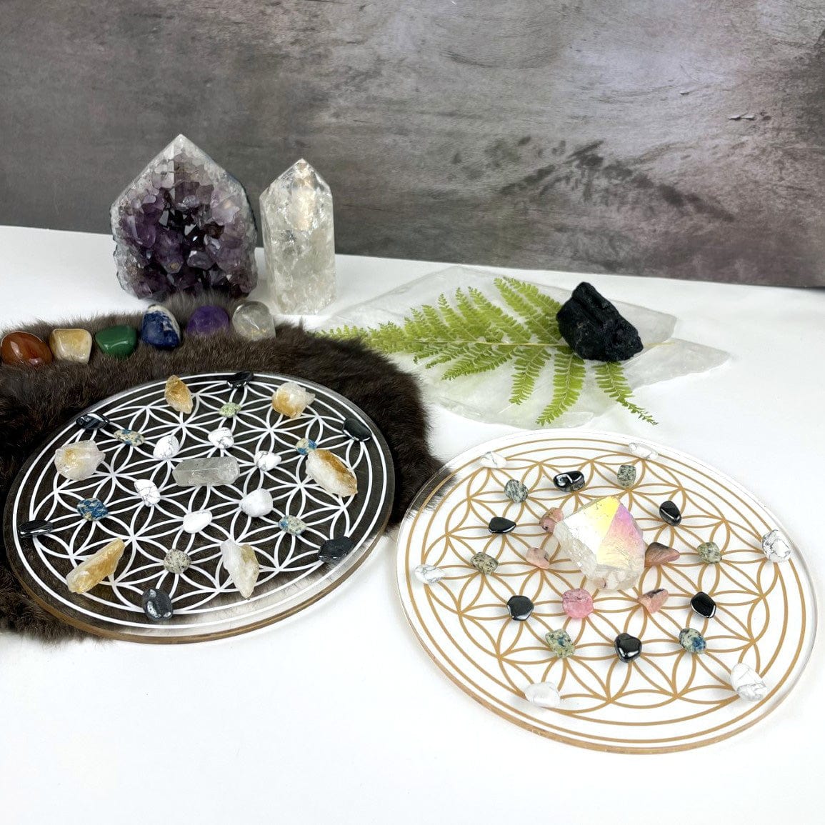 Crystal Grid Flower of Life Acrylic Grid - 2 sided - White and Gold showing each side