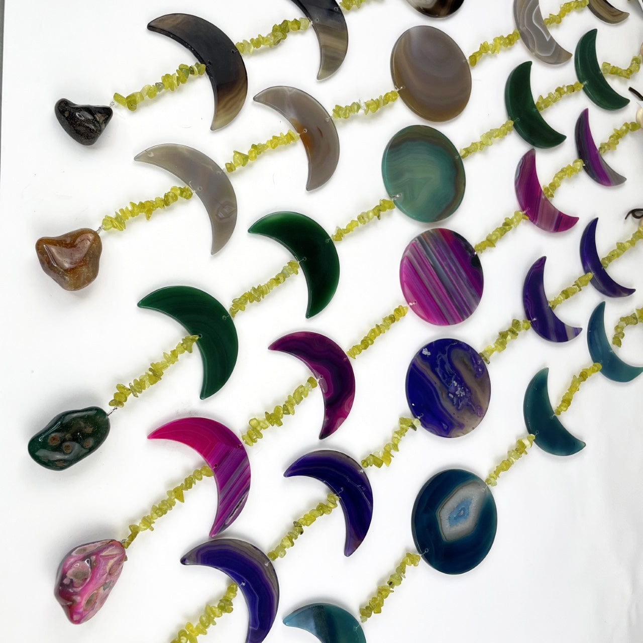 all Colors of  agate moon phase wall hanging with yellow jade stone beads closer view