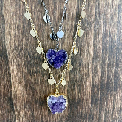 Amethyst Druzy Heart on Sweetheart Necklace with Heart Dangle Chain in  Gold and Gunmetal up close