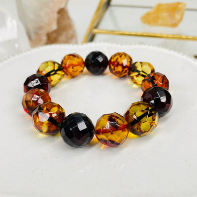 Round Faceted Amber Bead Bracelet - Baltic Amber -
