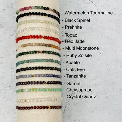 Faceted Coin Bead bracelets next to their crystal name 