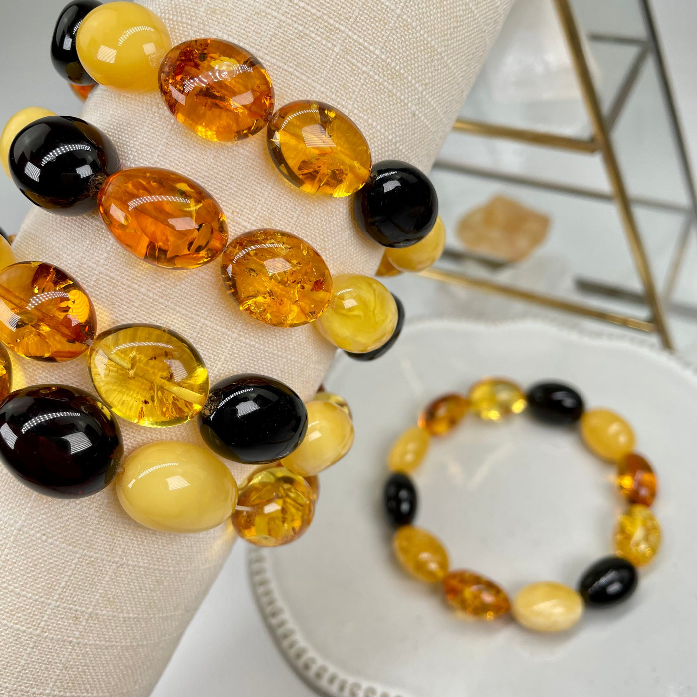 close up of the amber bracelets 
