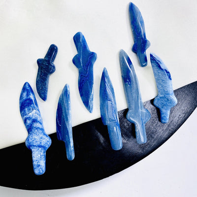 6 blue quartz Crystal Gemstone Knife Cabochons showing color variations