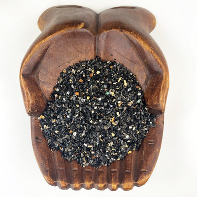 Black Onyx 1lb bag - Tiny Chips in a wood bowl