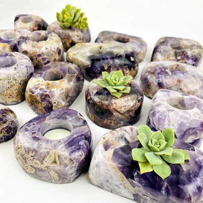 Chevron Amethyst Polished Candle Holder - Freeform Shapes with votives in them and succulents