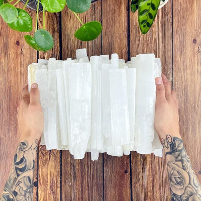 selenite bar box set in hand for size reference