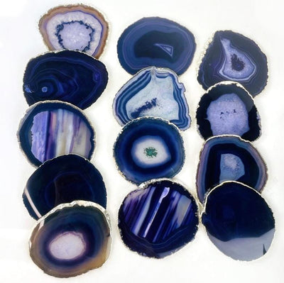 Purple Agate Coasters Set - 24k Gold or Silver Electroplated Edges--front shot view of different shapes and tones.