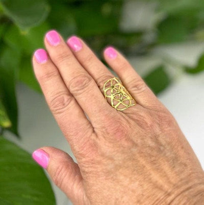 Seed of Life Ring in gold on a hand for size reference