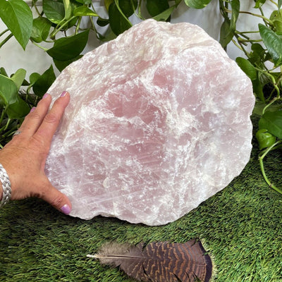 Giant Rose Quartz with a hand on it for size