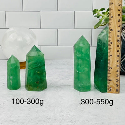 Green Fluorite Point displayed next to a ruler for size reference. sold by weight 