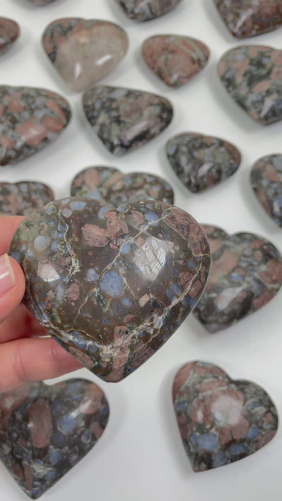 Rhyolite Polished Hearts in a video showing sizes and shapes