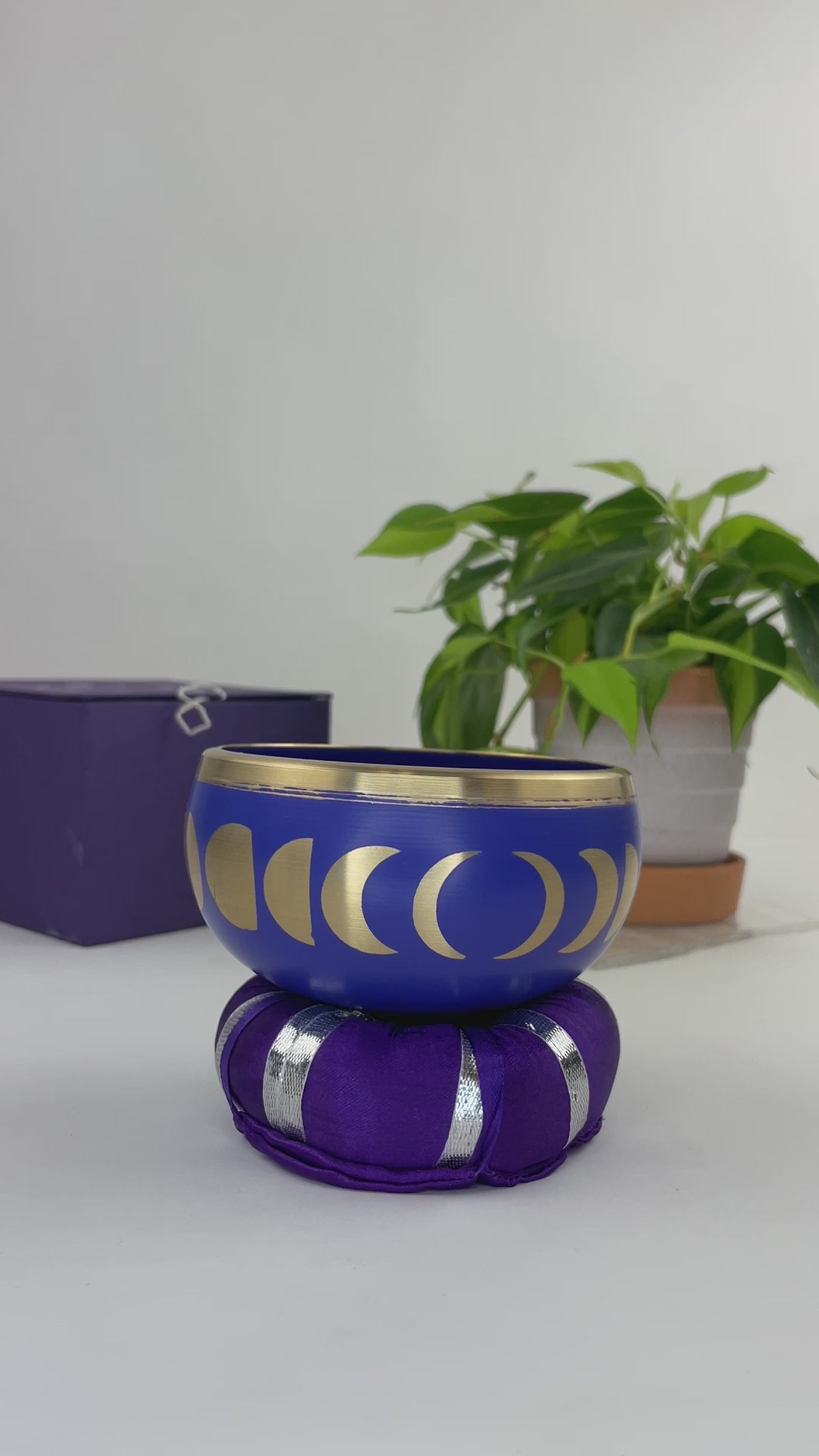 Purple Moon Phase Brass Singing Bowl Set with Purple Box