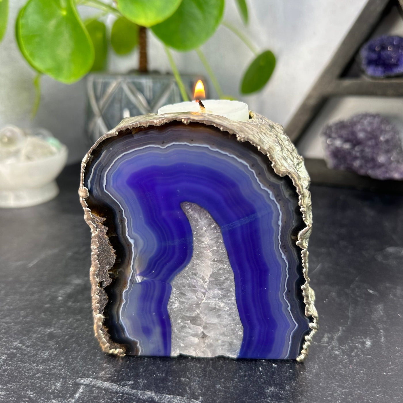 Purple blue Agate Candle Holder With Electroplated Silver -Front of candle holder
