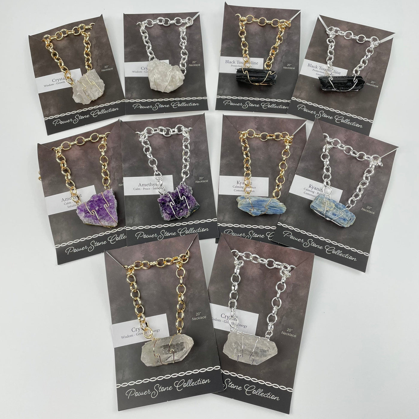Power Stone Crystal Necklaces displayed to show the differences in the crystal types and sizes
