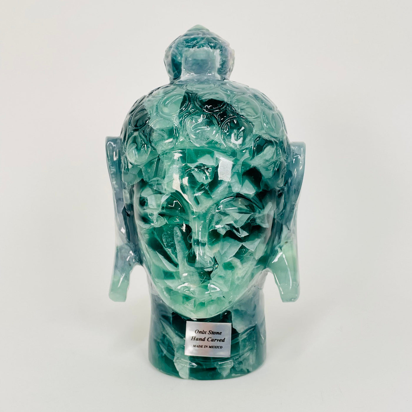 front view of the fluorite carved buddha head 