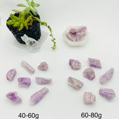 RAW KUNZITE - BY WEIGHT - two piles of 40-60g and 60-80g