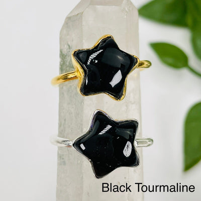rings come in sterling silver or gold over sterling silver with a black tourmaline gemstone