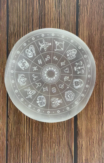 video of selenite zodiac engraved charging plate for engraving details